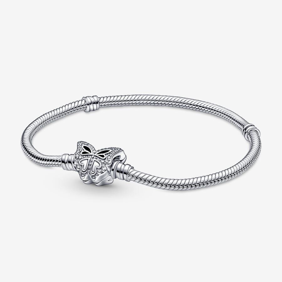 Snake chain sterling silver bracelet with butterfly clasp with clear cubic zirconia image number 0
