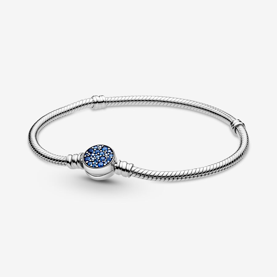 Snake chain sterling silver bracelet with disc clasp with stellar blue crystal image number 0