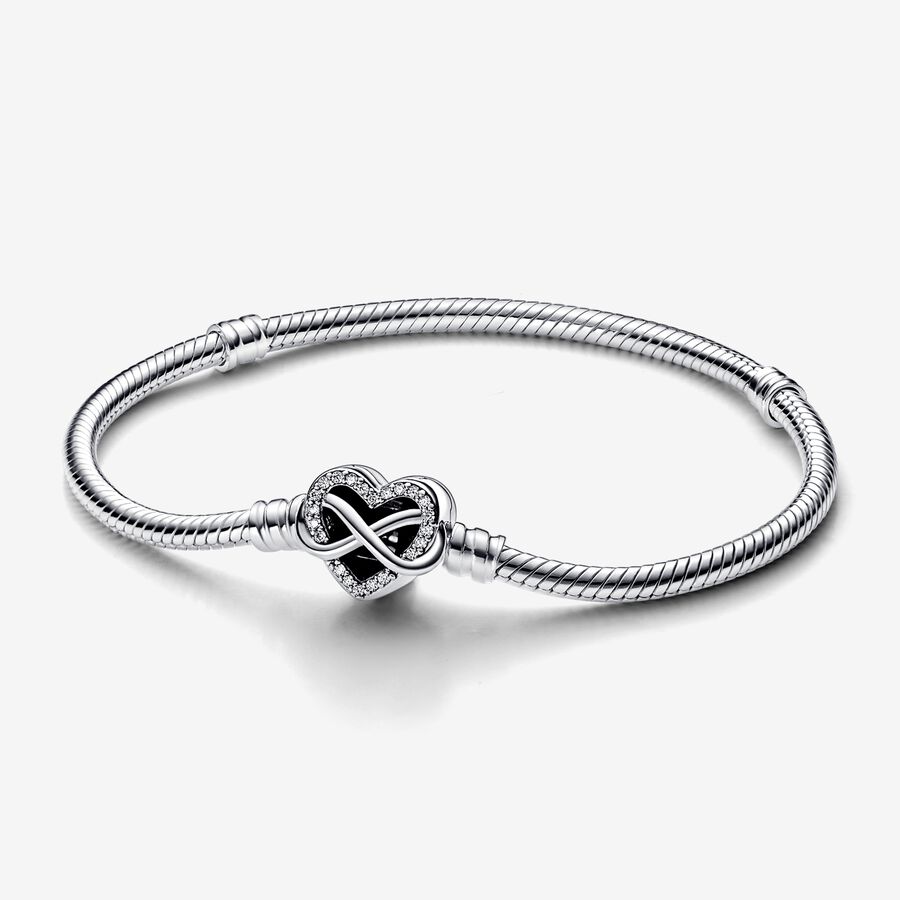 Snake chain sterling silver bracelet with infinity heart clasp with clear cubic zirconia image number 0