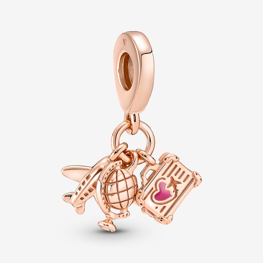 Airplane, globe and suitcase 14k rose gold-plated dangle with pink enamel image number 0