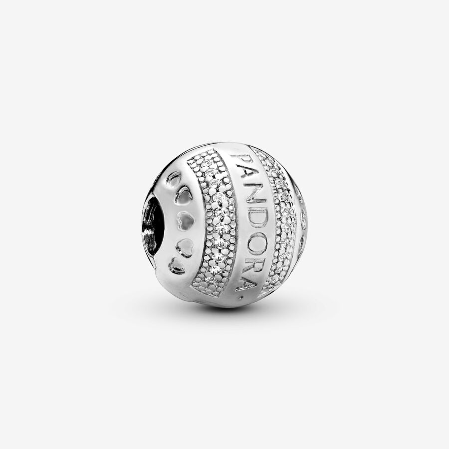 PANDORA logo silver clip with clear cubic zirconia and silicone grip, fits onto threads image number 0