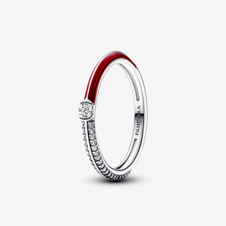 Sterling silver ring with clear cubic zirconia and red enamel image number 0