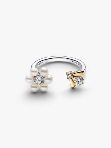 Bague Ouverte Fleur Perle de Culture d’Eau Douce Traitée & Abeille Bridgerton