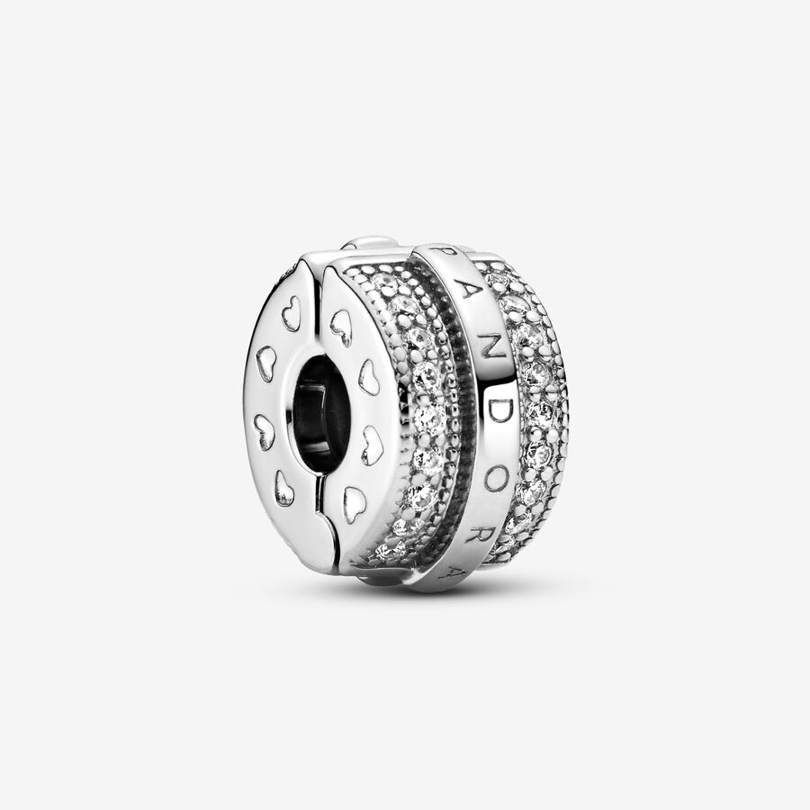 Pandora logo sterling silver clip with clear cubic zirconia and silicone grip image number 0