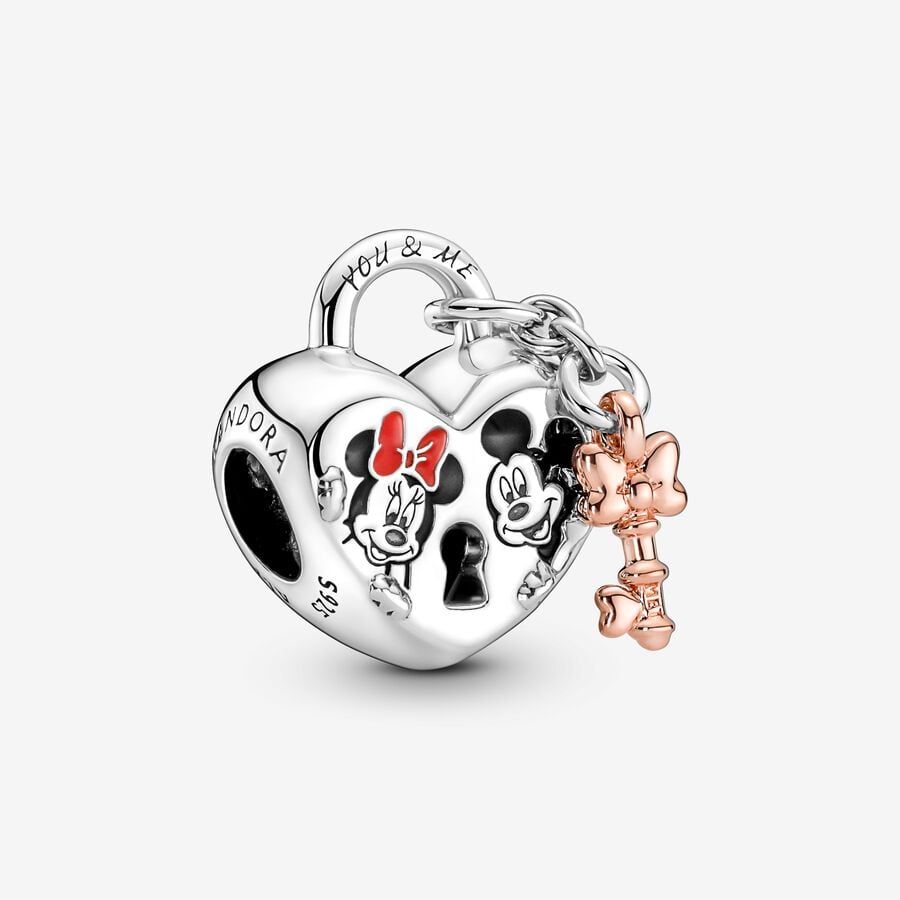 Disney Minnie and Mickey heart padlock and key sterling silver and 14k rose gold-plated charm with red, white and black enamel image number 0