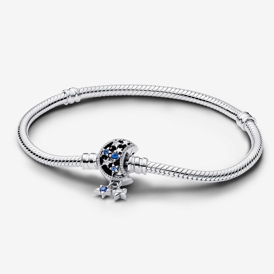 Snake chain sterling silver bracelet with moon clasp with stellar blue crystal and clear cubic zirconia image number 0