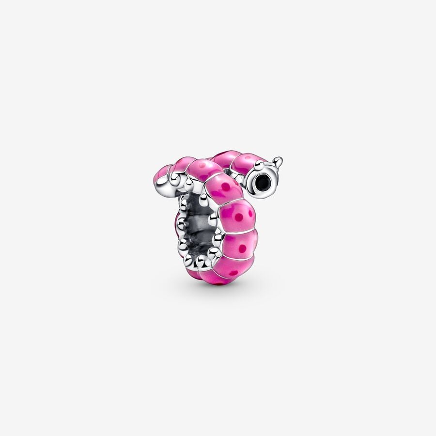 Caterpillar sterling silver charm with black crystal, pink and dark pink enamel image number 0