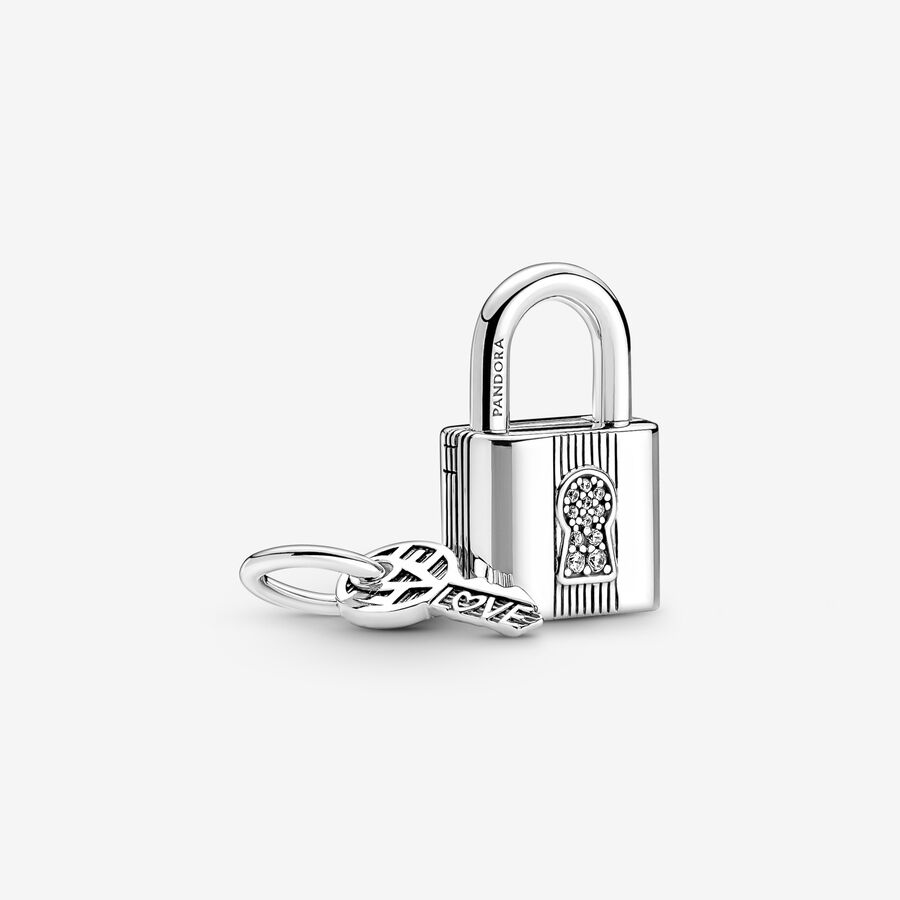Padlock and key sterling silver dangle with clear cubic zirconia image number 0