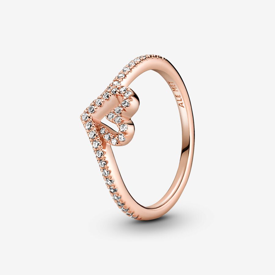 Heart and wishbone 14k rose gold-plated ring with clear cubic zirconia image number 0