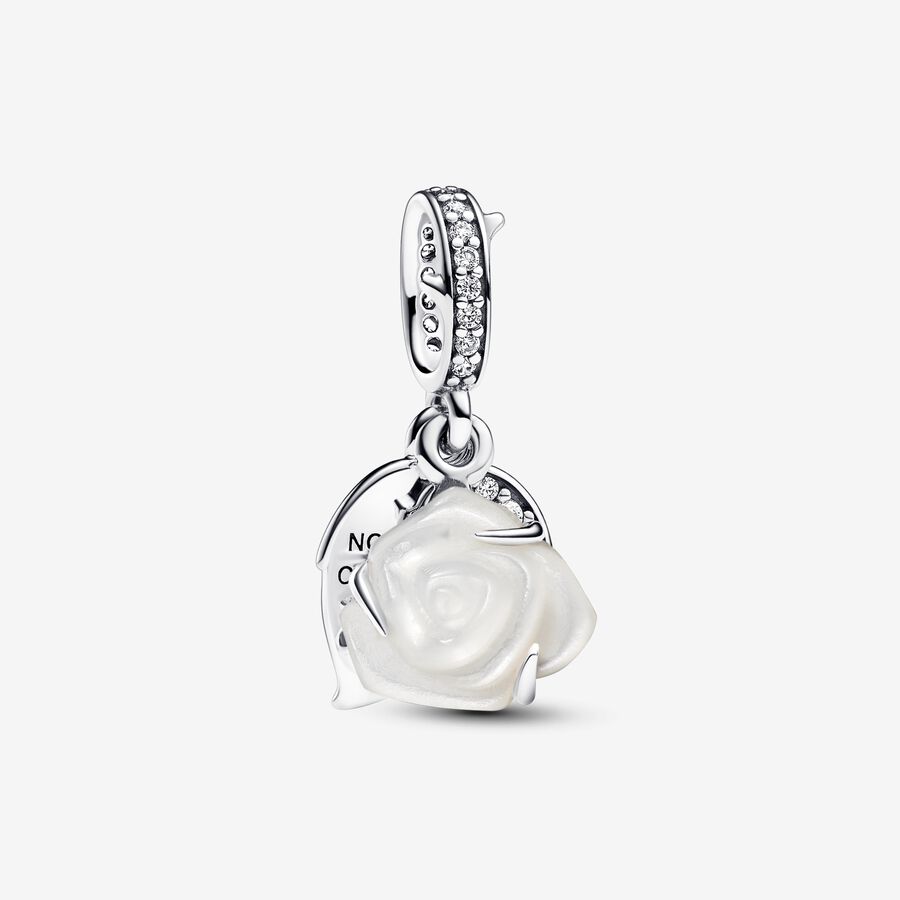White rose sterling silver double dangle with white bioresin man-made mother of pearl and clear cubic zirconia image number 0