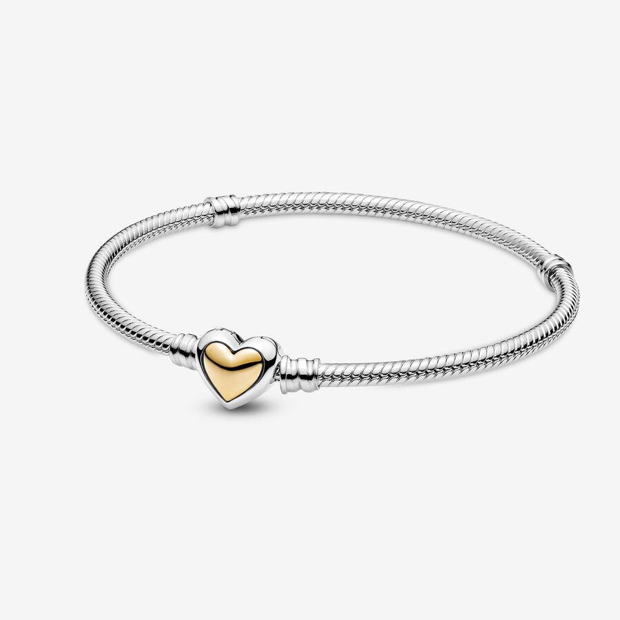 Snake chain sterling silver bracelet with heart clasp and 14k gold image number 0