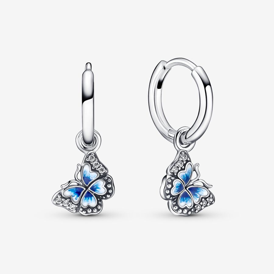 Butterfly sterling silver hoop earrings with clear cubic zirconia, shaded blue and white enamel image number 0