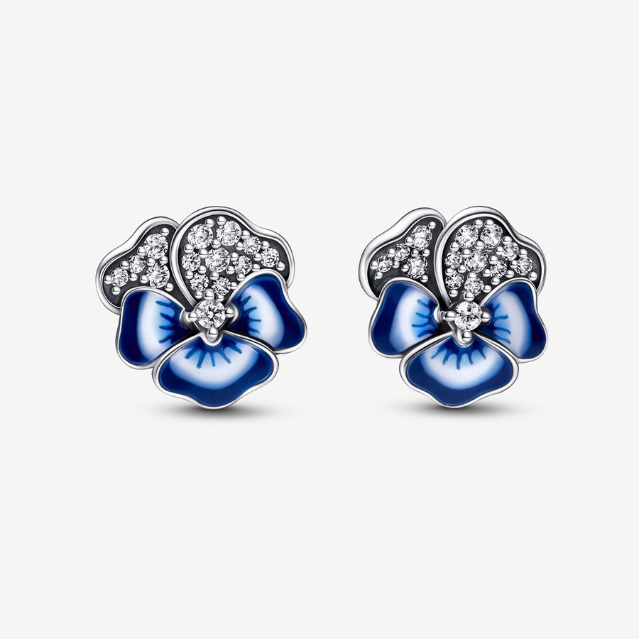 Pansy sterling silver stud earrings with clear cubic zirconia and shaded blue and white enamel image number 0