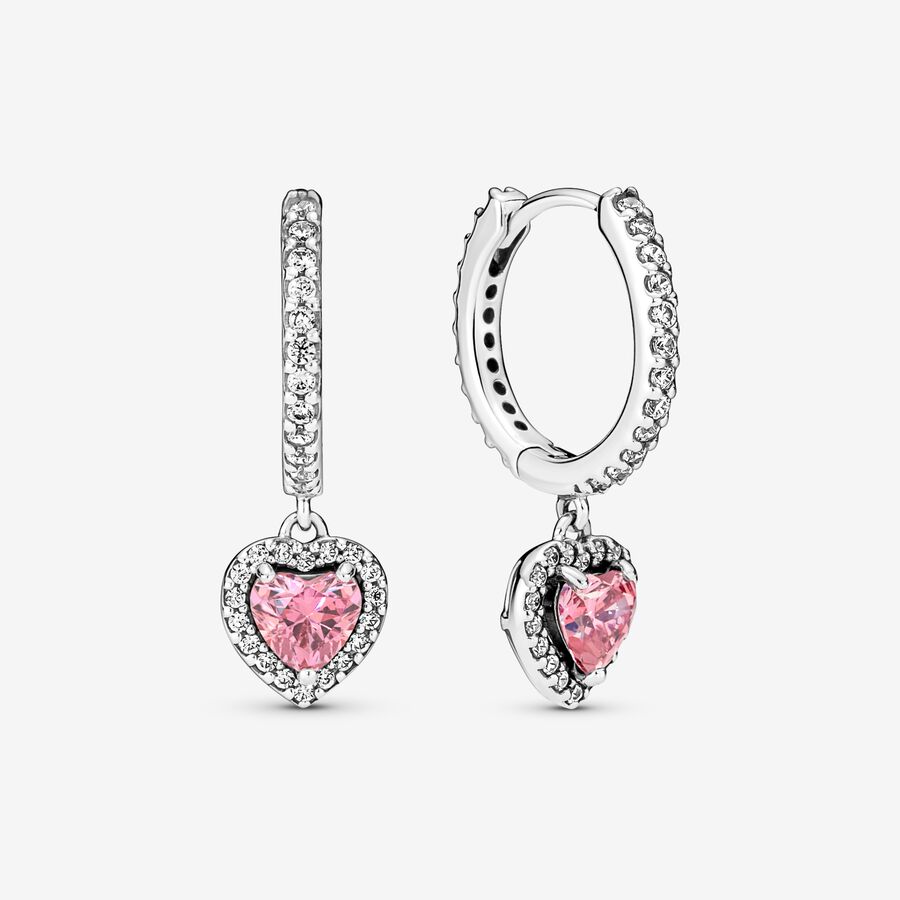 Heart sterling silver hoop earrings with fancy pink and clear cubic zirconia image number 0