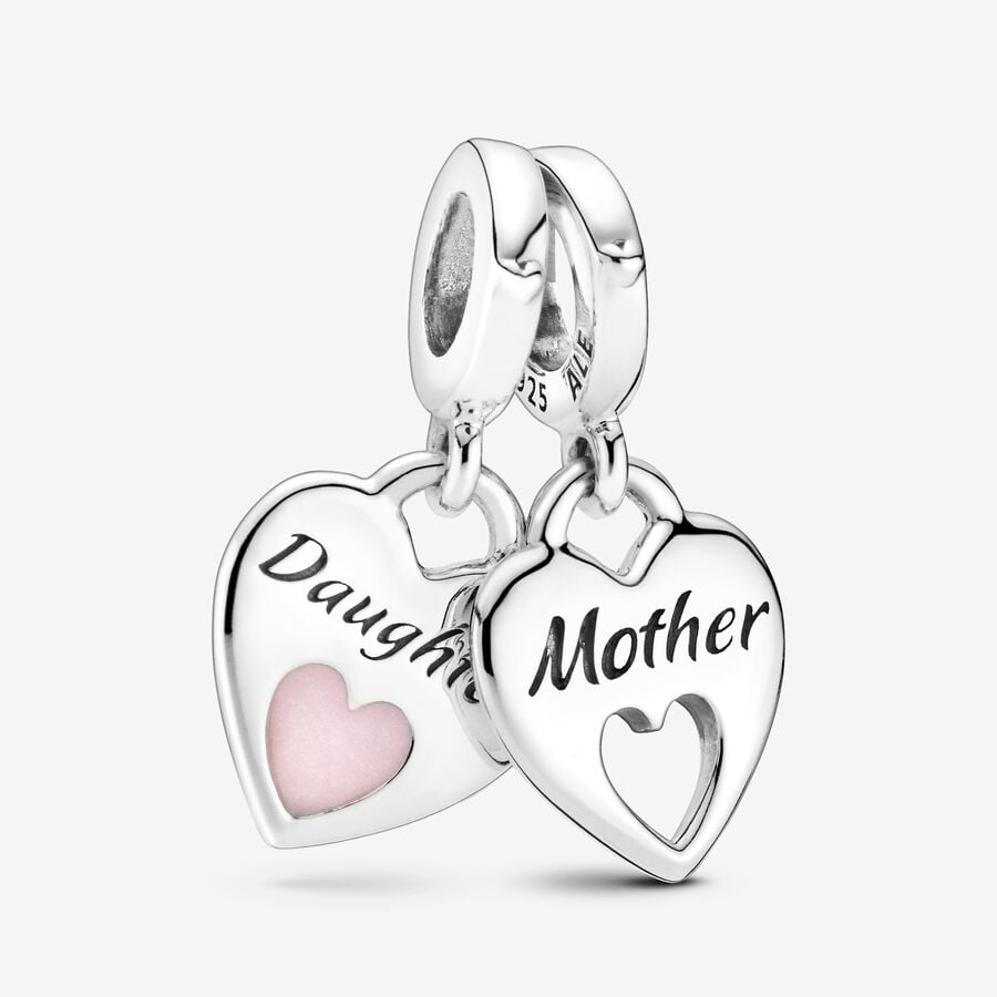 Mother and daughter hearts sterling silver split dangle with shimmering pink enamel image number 0