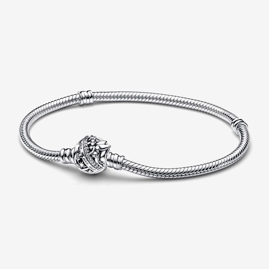 Disney Tinkerbell snake chain sterling silver bracelet with clear cubic zirconia image number 0