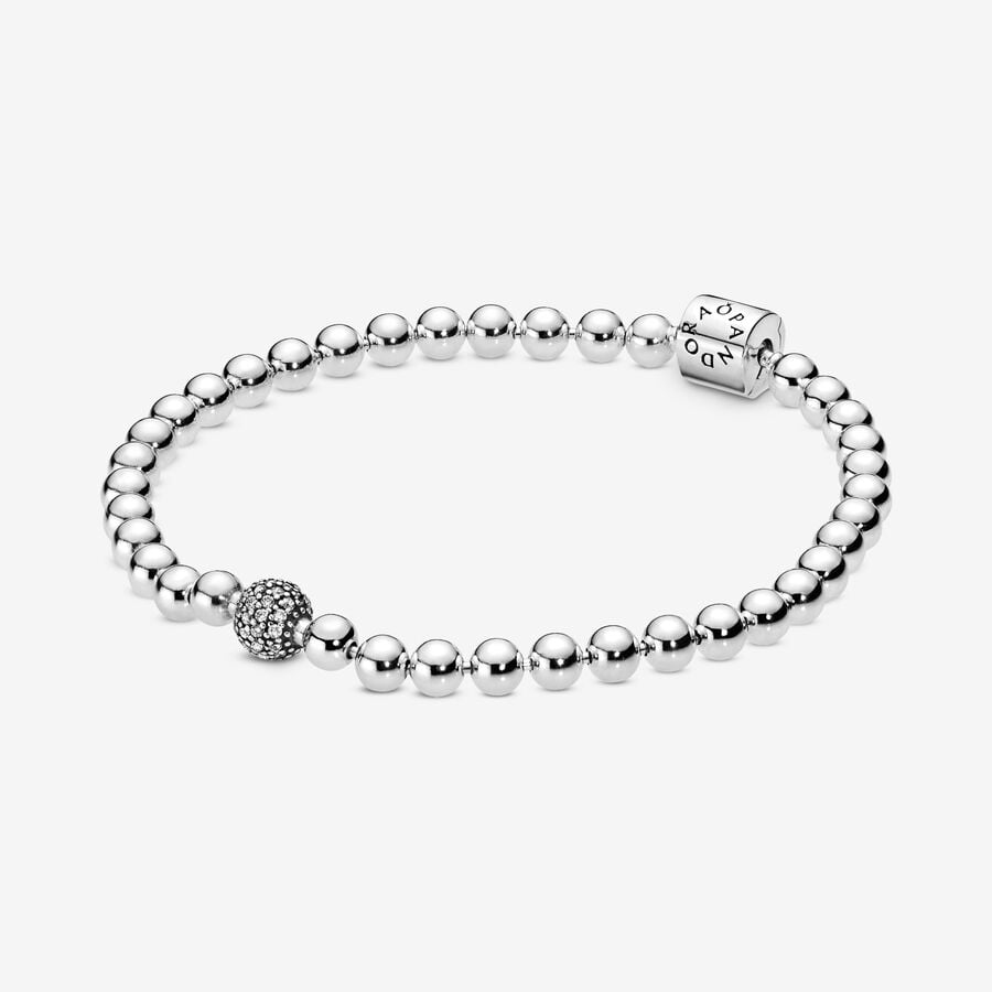 Beaded sterling silver bracelet with clear cubic zirconia image number 0