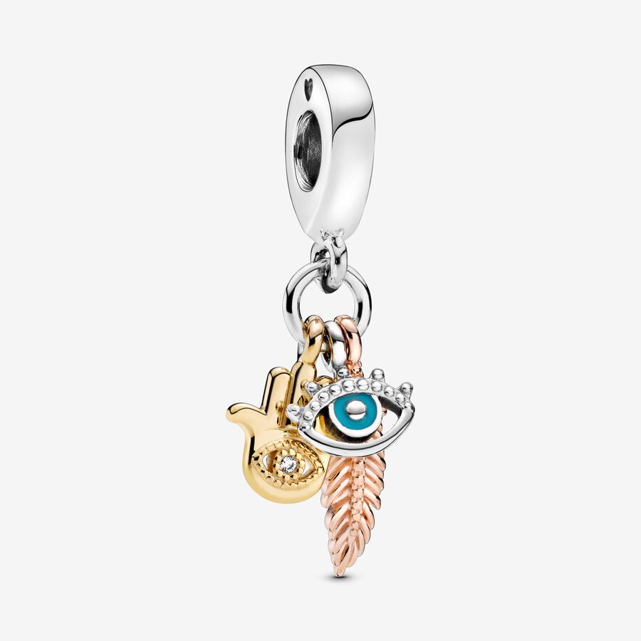 Hand, eye and feather sterling silver, 14k gold-plated and 14k rose gold-plated dangle with clear cubic zirconia and turquoise enamel image number 0