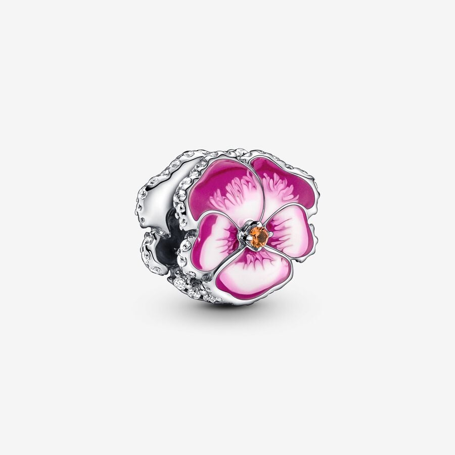 Pansy sterling silver charm with clear cubic zirconia, burnt orange crystal, shaded pink and white enamel image number 0