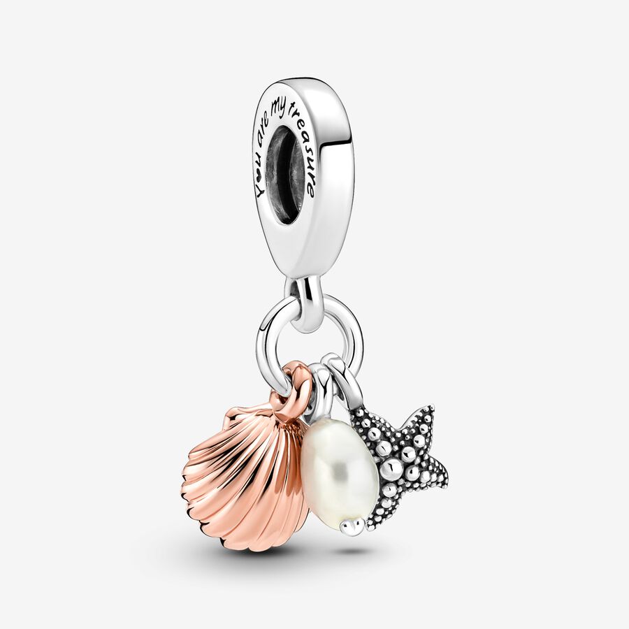 Treated Freshwater Cultured Pearl, Starfish & Shell Triple hangende bedel image number 0
