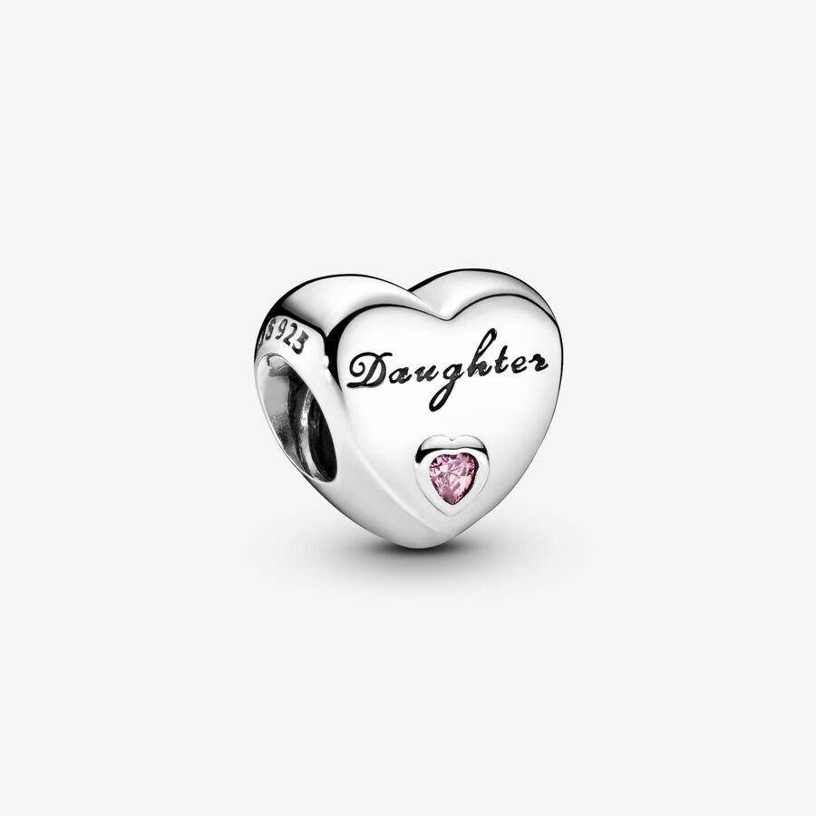 Daughter heart silver charm with pink cubic zirconia image number 0