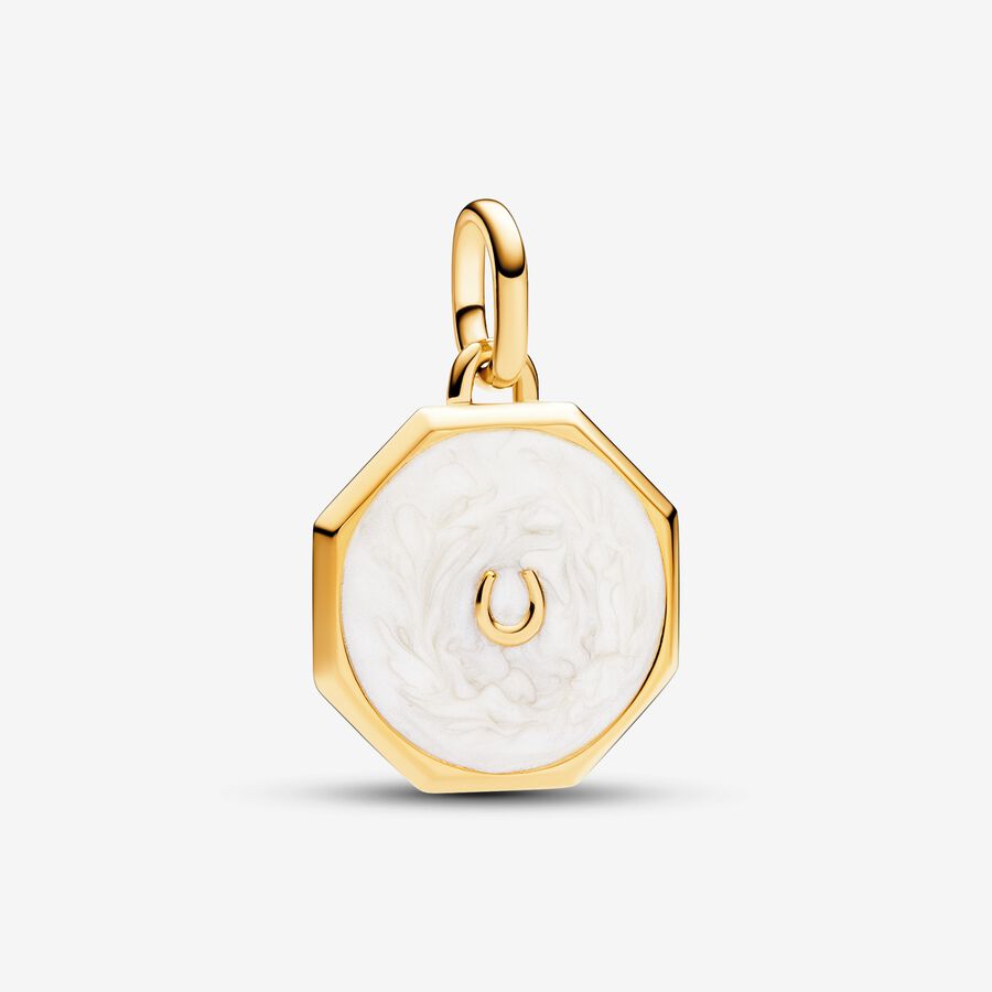 Horseshoe octagon 14k gold-plated medallion with shimmering white enamel image number 0