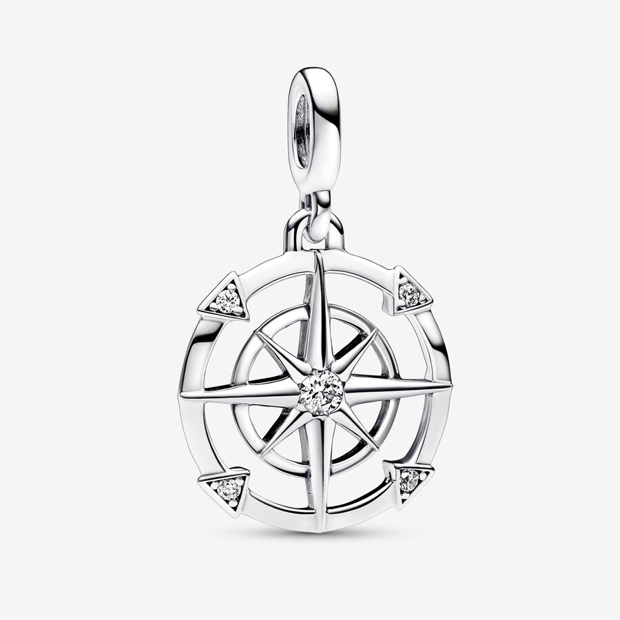 Compass sterling silver medallion with clear cubic zirconia image number 0