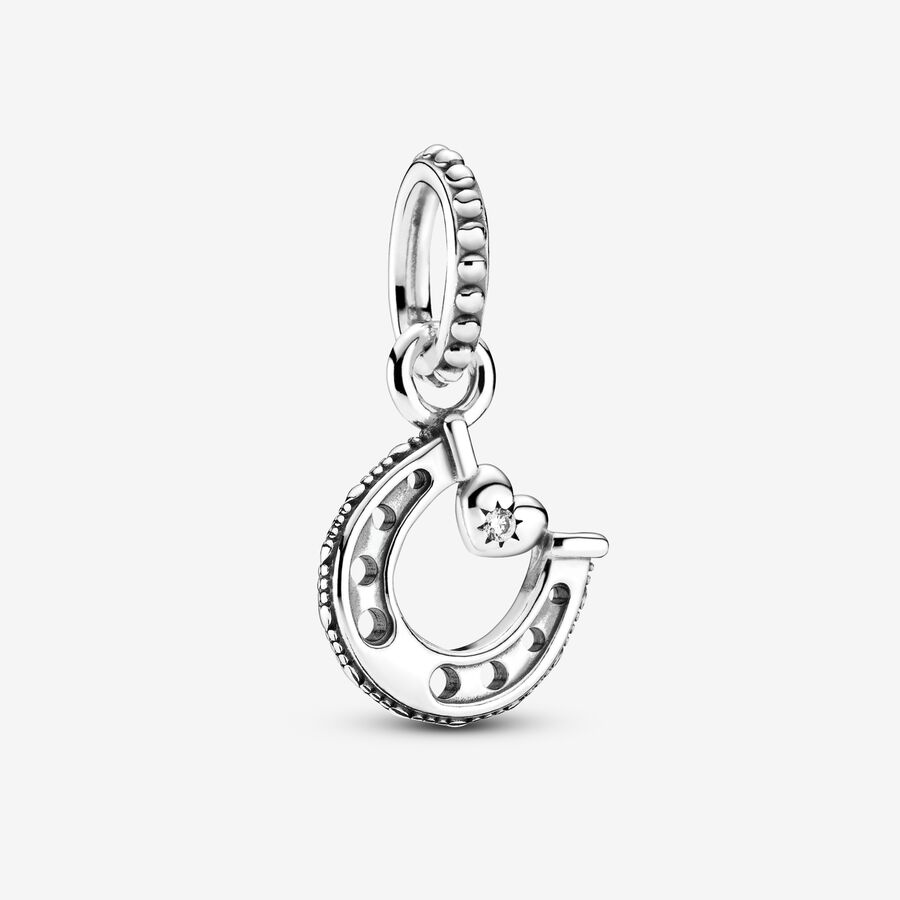 Horseshoe and heart sterling silver dangle with clear cubic zirconia image number 0