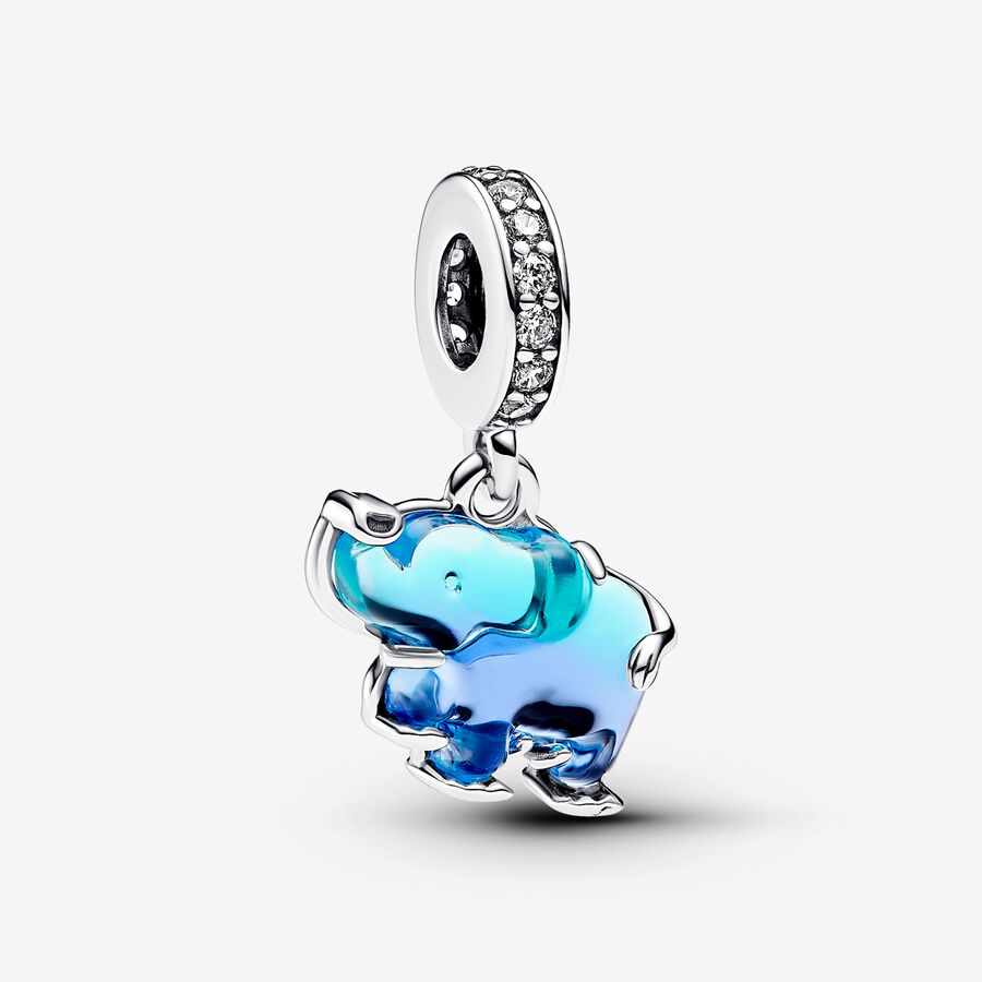 Elephant sterling silver dangle with clear cubic zirconia and gradient blue and purple Murano glass image number 0
