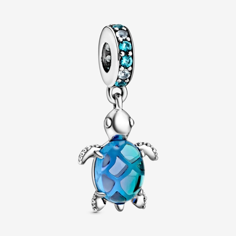 Sea turtle sterling silver dangle with icy green, bleached aqua blue crystal and peacock Murano glass image number 0