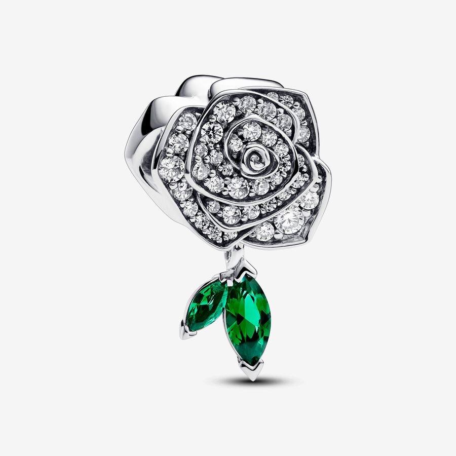 Rose sterling silver charm with clear cubic zirconia and royal green crystal image number 0