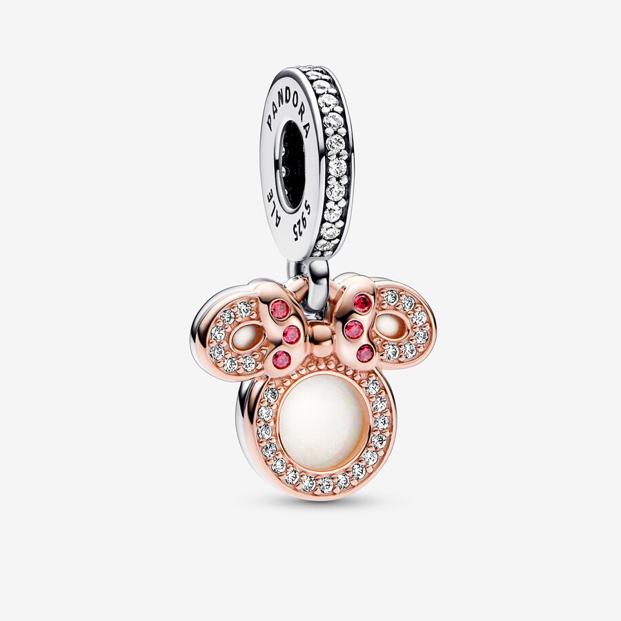 Disney Minnie sterling silver and 14k rose gold-plated double dangle with red, clear cubic zirconia and shimmering white enamel image number 0