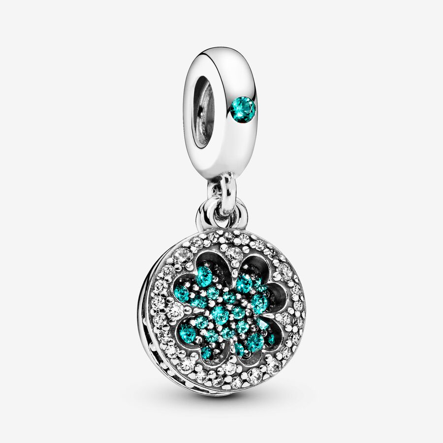 Clover silver dangle with royal green, aqua green crystal and clear cubic zirconia image number 0