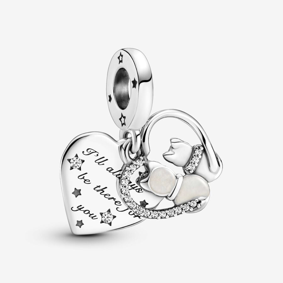 Cats and heart sterling silver dangle with clear cubic zirconia and shimmering silver enamel image number 0