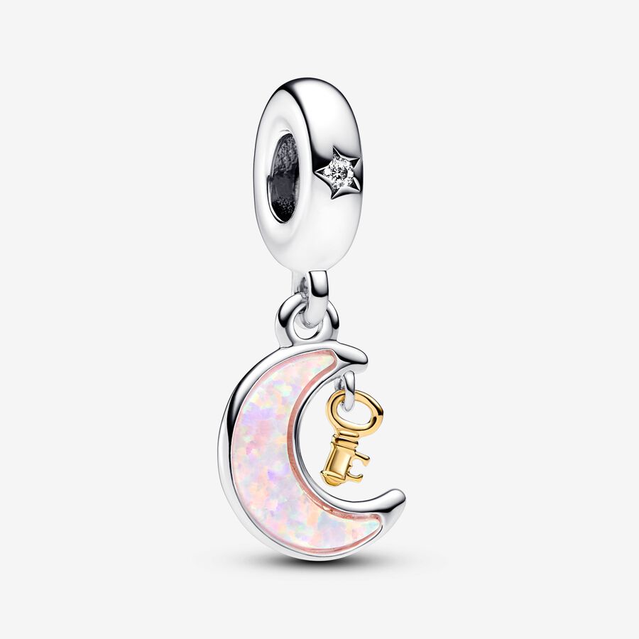 Moon and key sterling silver and 14k gold-plated dangle with clear cubic zirconia and pink lab-created opal image number 0