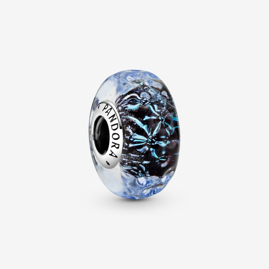 Wavy sterling silver charm with iridescent and dark blue Murano glass image number 0