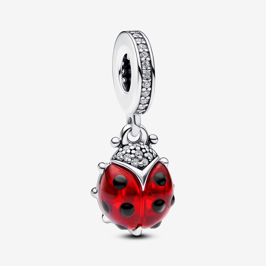Ladybird sterling silver dangle with salsa red crystal, clear cubic zirconia and black enamel image number 0