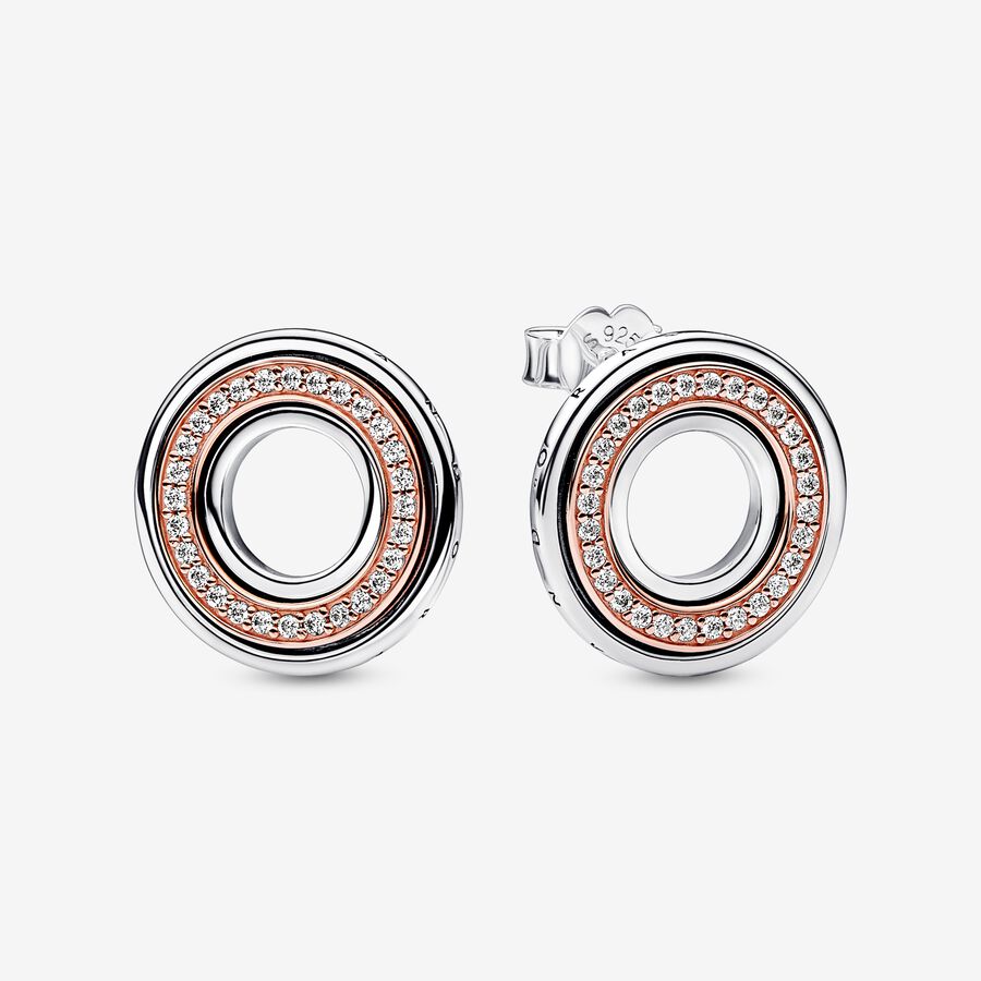 Pandora logo sterling silver and 14k rose gold-plated stud earrings with clear cubic zirconia image number 0