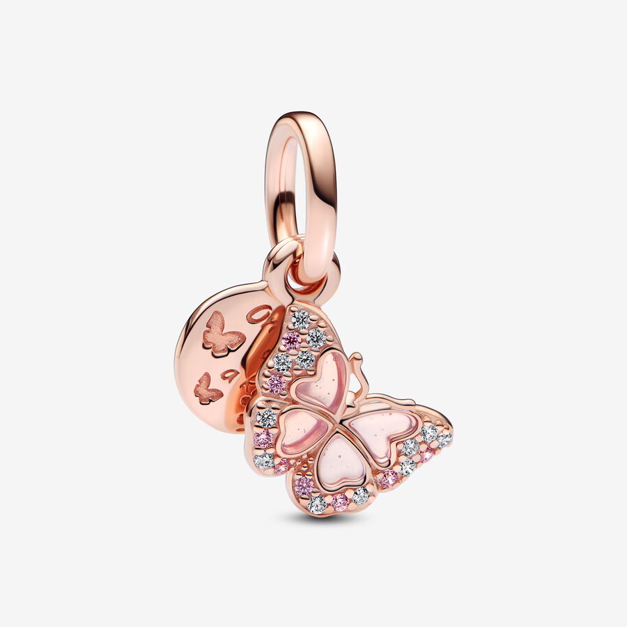 Butterfly 14k rose gold-plated dangle with fancy fairy tale pink and clear cubic zirconia, transparent pink plique a jour enamel image number 0