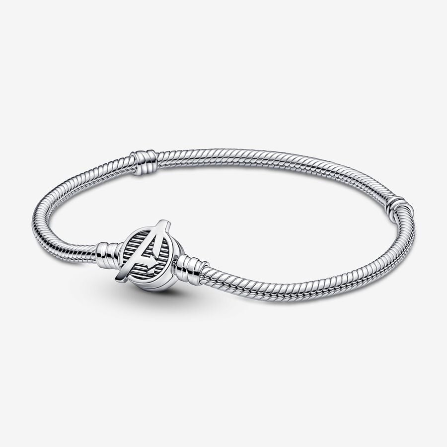 Snake chain sterling silver bracelet with Marvel The Avengers logo clasp image number 0