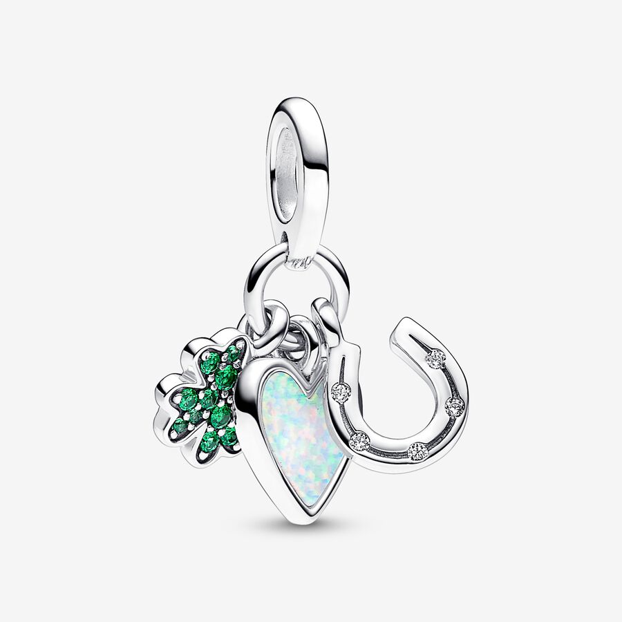 Clover, heart and horseshoe sterling silver dangle with clear cubic zirconia, royal green crystal and white lab-created opal image number 0