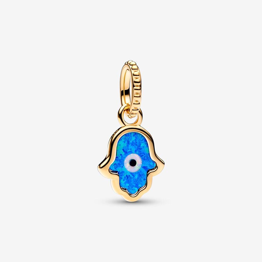 Hamsa hand 14k gold-plated dangle with deep blue and white lab-created opal and black man-made composite image number 0