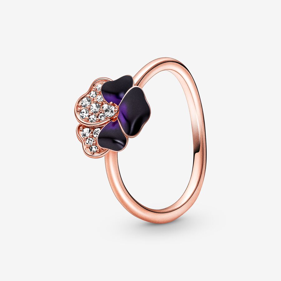 Pansy 14k rose gold-plated ring with clear cubic zirconia and shaded blue and violet enamel image number 0