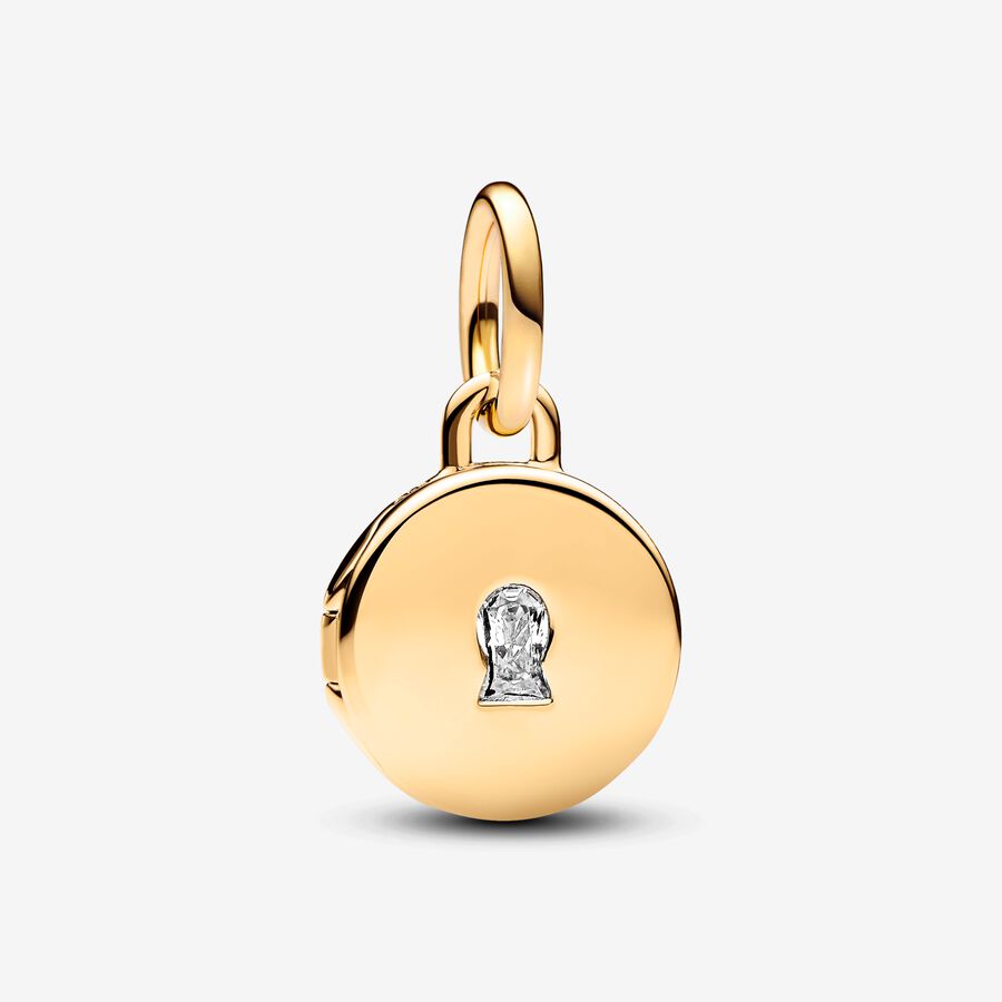 Key hole engravable locket 14k gold-plated dangle with clear cubic zirconia image number 0