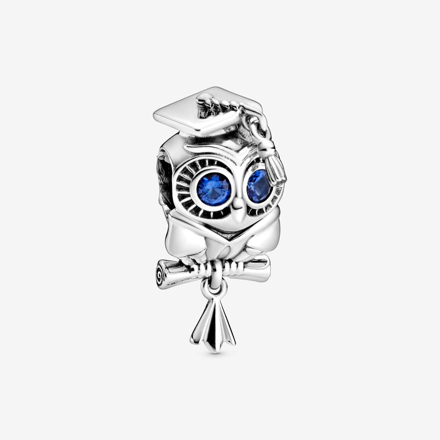 Graduation owl sterling silver charm with stellar blue crystal image number 0