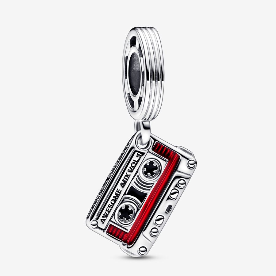 Marvel cassette tape sterling silver dangle with black and transparent red enamel image number 0
