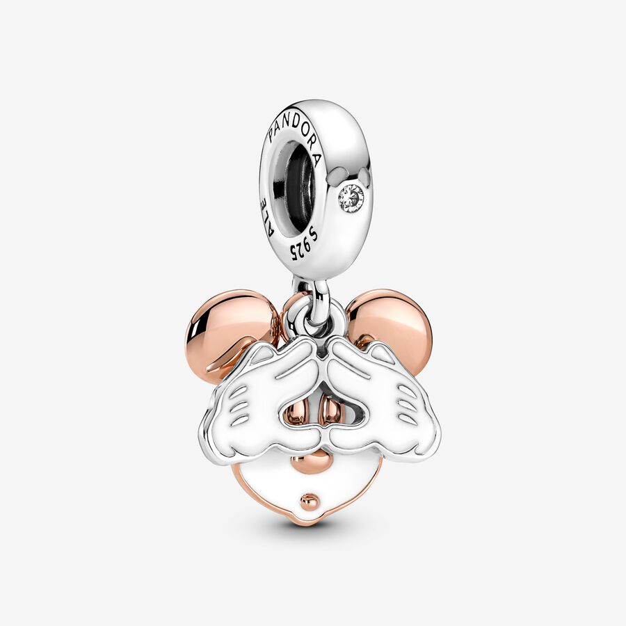 Disney Mickey Mouse sterling silver and 14k rose gold-plated double dangle with clear cubic zirconia and white enamel image number 0