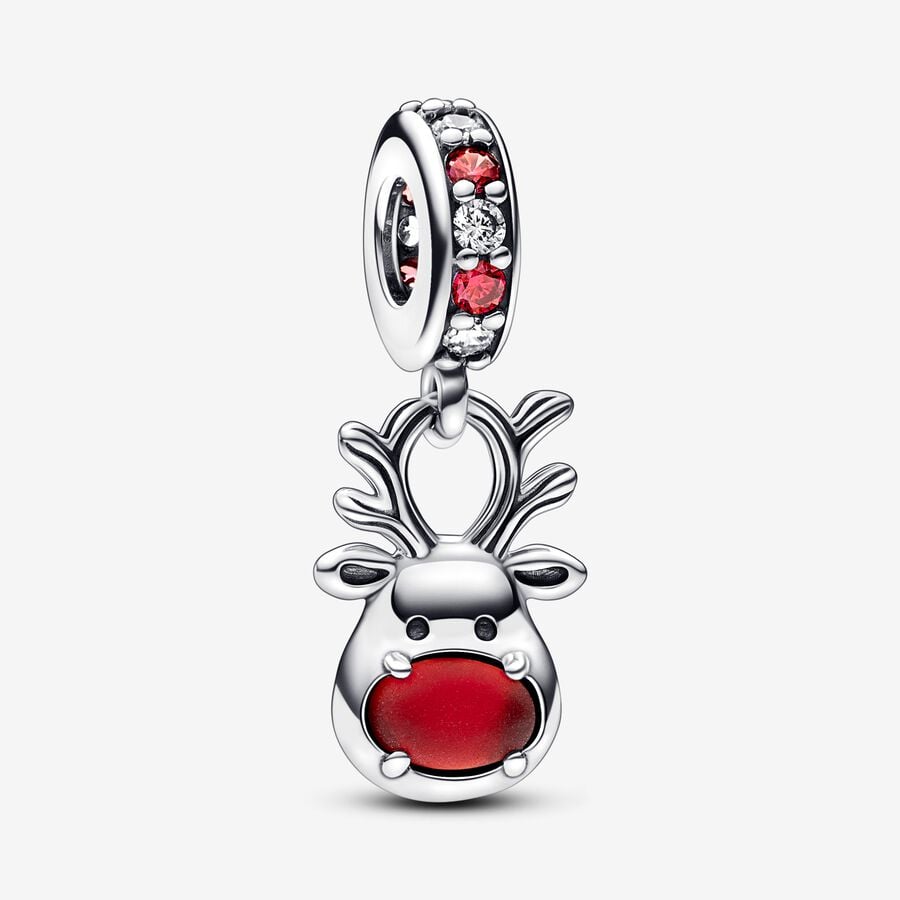 Christmas reindeer sterling silver dangle with clear and red cubic zirconia and frosted red Murano glass image number 0