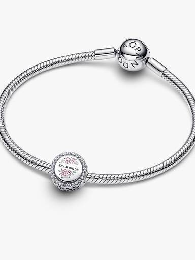 Team bride sterling silver charm with clear cubic zirconia, pink, white and green enamel