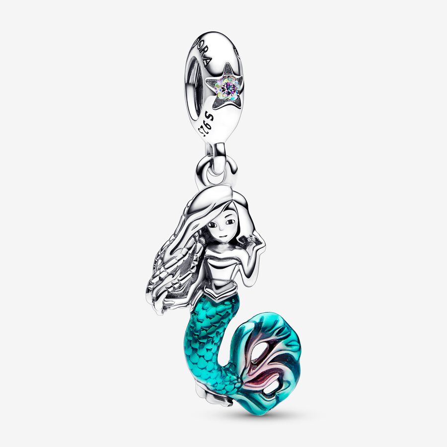 Disney The Little Mermaid Ariel sterling silver dangle with auro borealis clear cubic zirconia, transparent teal and cerise enamel image number 0